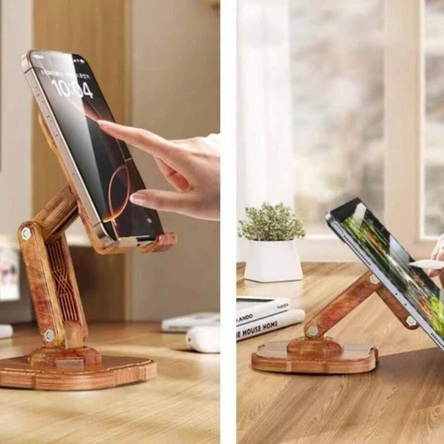 Alt view image 7 of 7 - Bks 360 Rotating Phone Stand Adjustable Height Heavy-Duty Carbon Steel Wood Desktop Holder for Laptops Tablets Phones Cameras