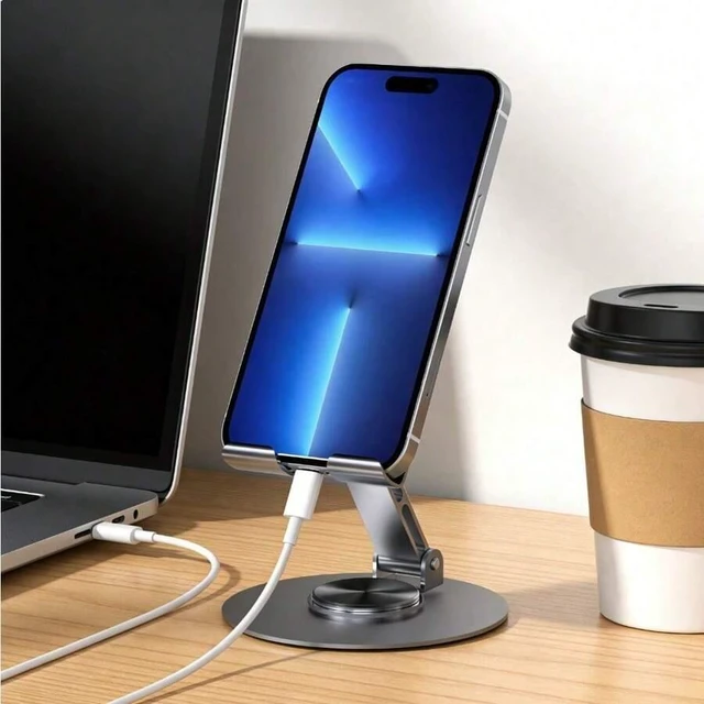 Alt view image 3 of 7 - Bks Heavy Duty 360 Rotating All Metal Phone Stand Aluminum Alloy Desktop Bracket Anti-Slip Pads Universal For iPhone Android Adjustable Mechanical Holder Smooth Rotation Home Office