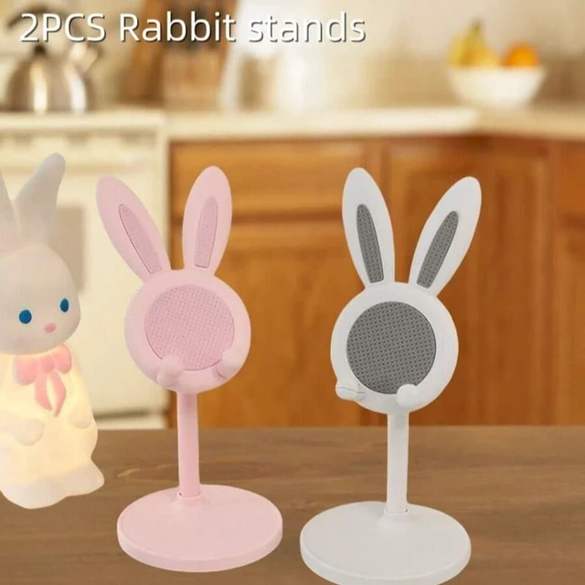 Main image of Bks 2 Pack Cute Rabbit Phone Stand Adjustable Desktop Holder for iPhone Android Pink White