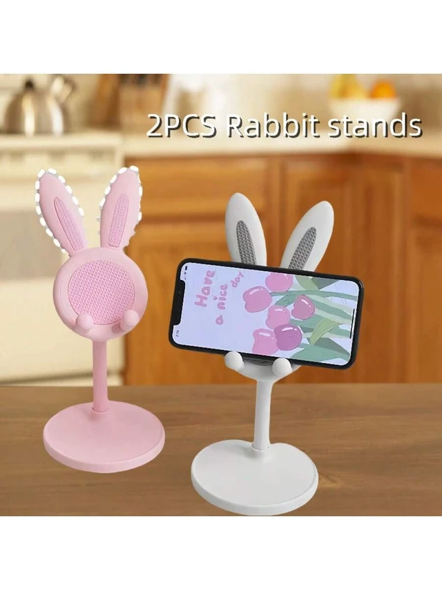 Alt view image 3 of 6 - Bks 2 Pack Cute Rabbit Phone Stand Adjustable Desktop Holder for iPhone Android Pink White