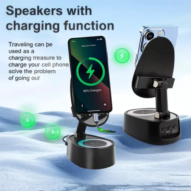Alt view image 2 of 6 - Bks Wireless Induction Bluetooth Speaker Phone Holder 5-in-1 USB Rechargeable Portable Stand with Colorful Ambient Light Compatible iPhone Android