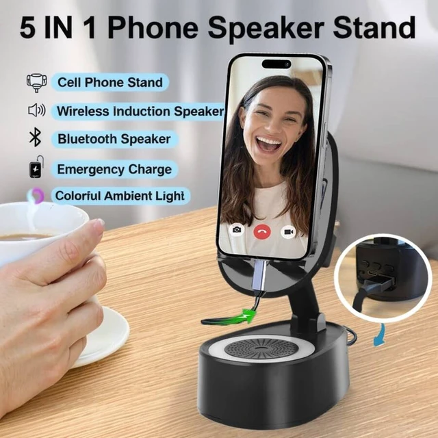 Alt view image 3 of 6 - Bks Wireless Induction Bluetooth Speaker Phone Holder 5-in-1 USB Rechargeable Portable Stand with Colorful Ambient Light Compatible iPhone Android