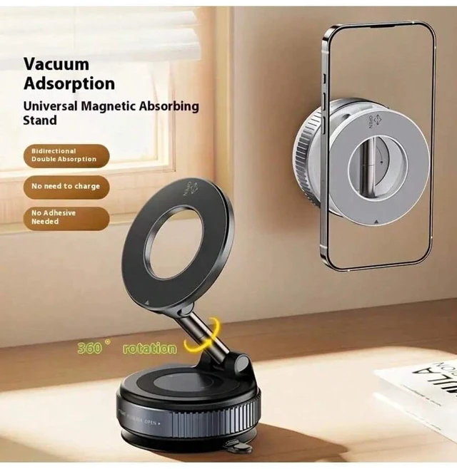 Alt view image 2 of 7 - Bks Super Strong N52 Magnetic Phone Holder, Upgraded Aluminum Alloy, 360° Rotatable And Foldable Design With Vacuum Suction Cup - Perfect For Car Dashboards, Bathroom Tiles And Glass Surfaces Compatib