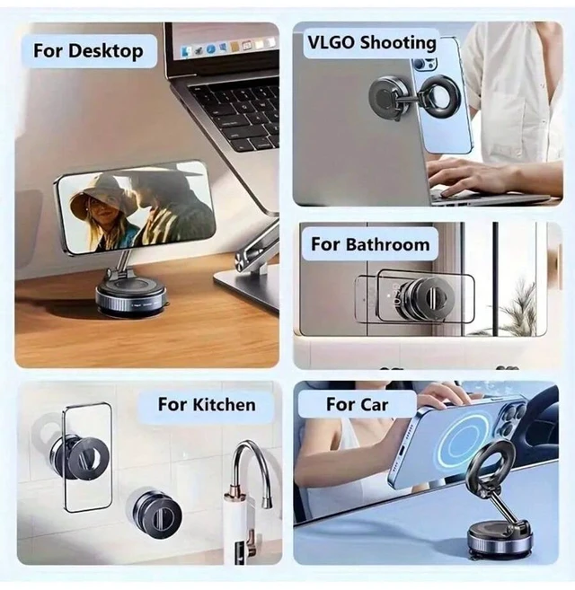 Alt view image 6 of 7 - Bks Super Strong N52 Magnetic Phone Holder, Upgraded Aluminum Alloy, 360° Rotatable And Foldable Design With Vacuum Suction Cup - Perfect For Car Dashboards, Bathroom Tiles And Glass Surfaces Compatib