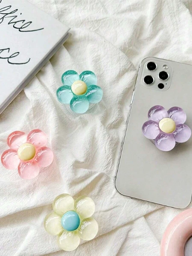 Alt view image 3 of 3 - Bks Expandable Floral Phone Stand Pink Resin Desktop Holder With Adhesive Sticker Compatible iPhone Android