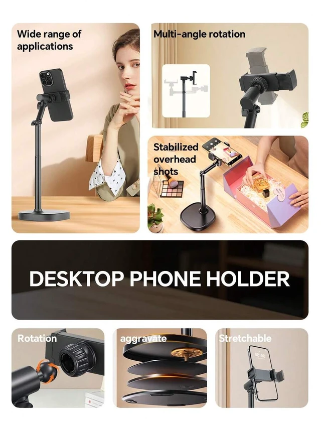 Alt view image 3 of 7 - Bks Mobile Phone Holder Universal Adjustable Stand 360 Rotating Flexible Arm Heavy-Duty ABS Base for iPhone Android Tablet Live Streaming Photography Video Recording