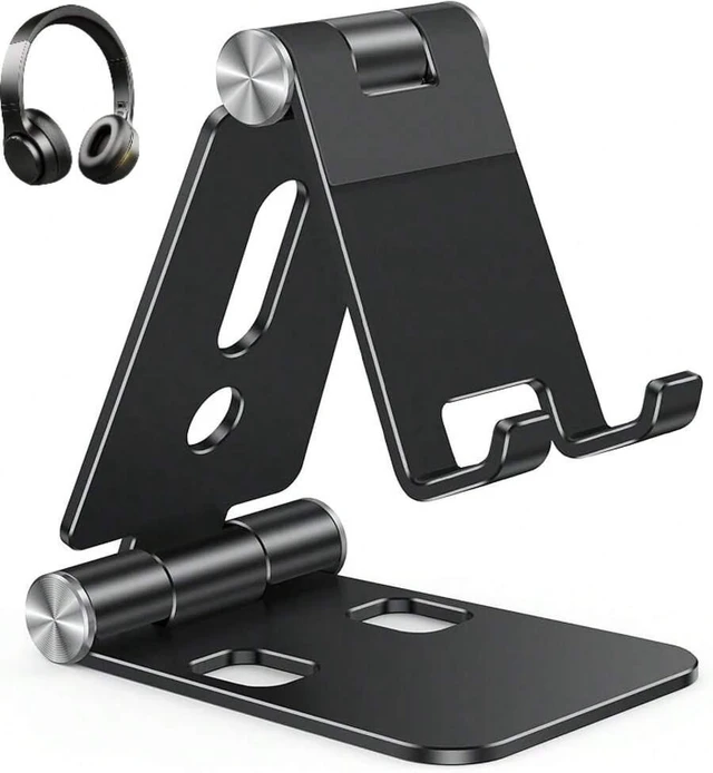Main image of Bks Foldable Aluminum Cell Phone Stand, Adjustable Desktop Holder Compatible With iPhone 14/13/12/11 Pro Max Galaxy iPad Small Tablets Black