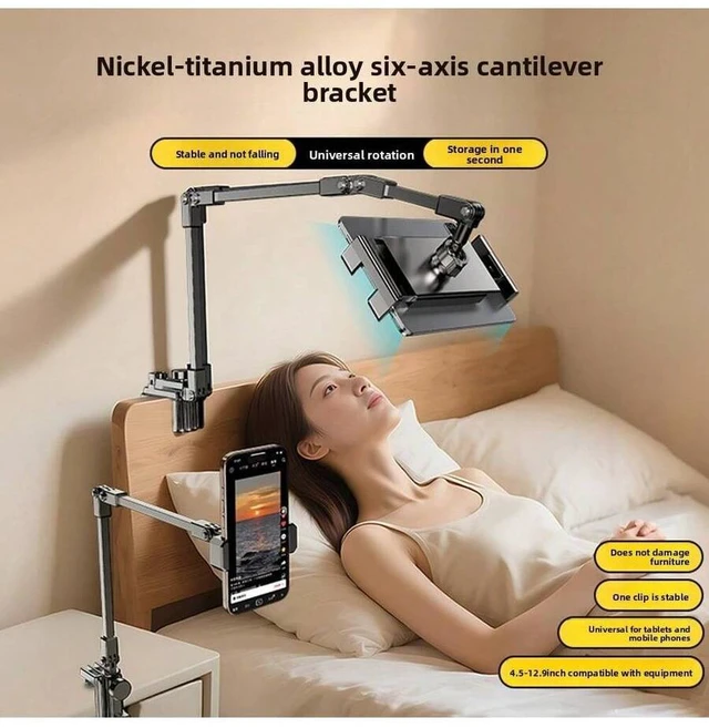 Alt view image 2 of 7 - Bks Adjustable Tablet Stand 360 Rotation Foldable Bedside Holder for 5-12 Inch Devices Compatible with iPad Pro Mini iPhone Android