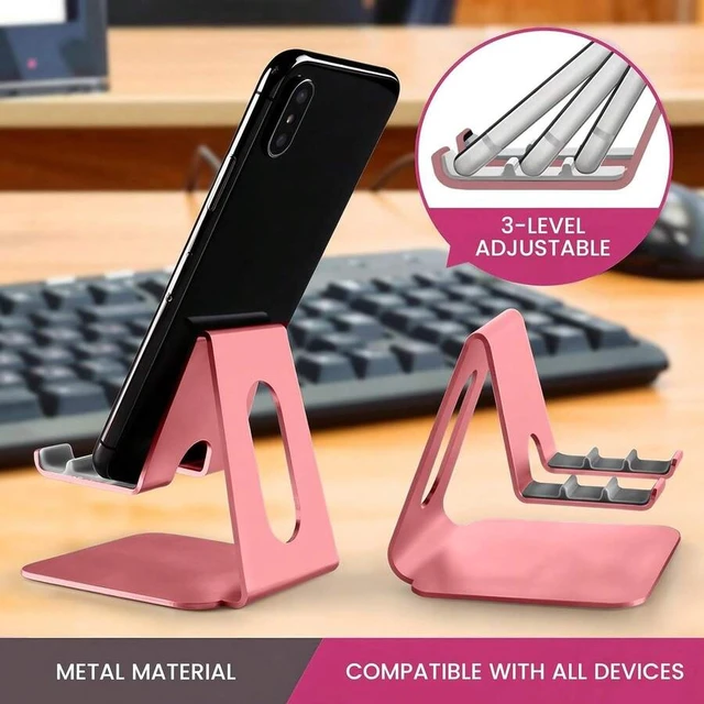 Alt view image 6 of 6 - Bks Pink Adjustable Phone Stand For Desk | 360 Rotatable Metal Holder With Non Slip Base | Compatible iPhone Samsung Galaxy All Smartphones