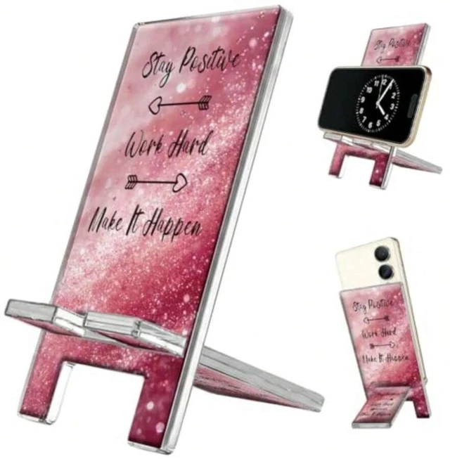 Main image of Bks Pink Acrylic Phone Stand Desktop Holder with Inspirational Quotes for Smartphones Tablets Switch Office Desk Accessories
