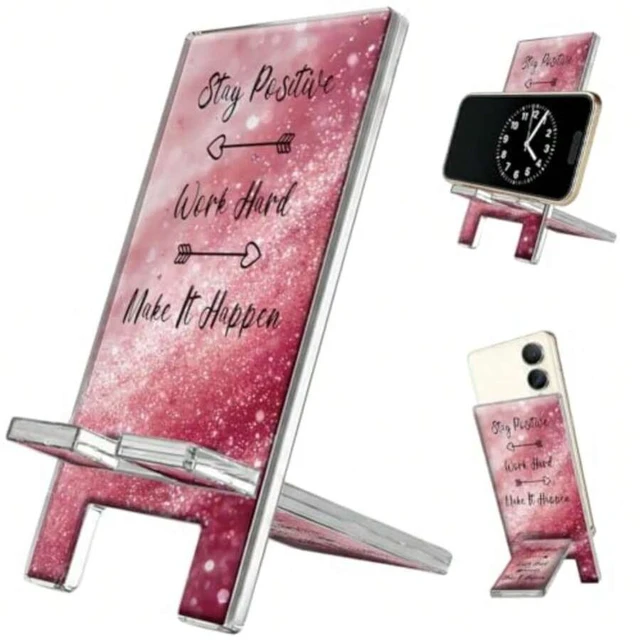 Alt view image 3 of 7 - Bks Pink Acrylic Phone Stand Desktop Holder with Inspirational Quotes for Smartphones Tablets Switch Office Desk Accessories