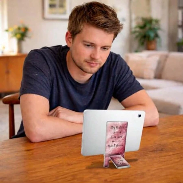 Alt view image 6 of 7 - Bks Pink Acrylic Phone Stand Desktop Holder with Inspirational Quotes for Smartphones Tablets Switch Office Desk Accessories