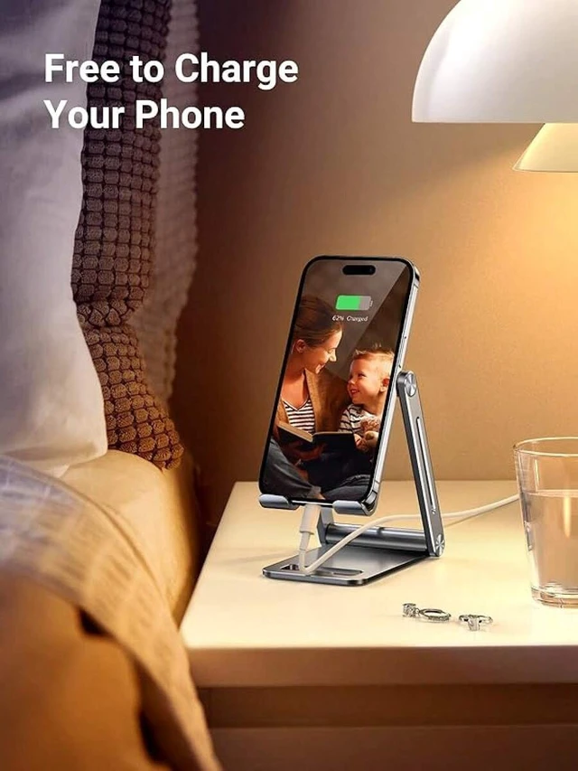 Alt view image 7 of 7 - Bks Phone Stand For Desk Adjustable Desktop Holder Compatible With iPhone Android Portable Aluminum Metal Space Grey