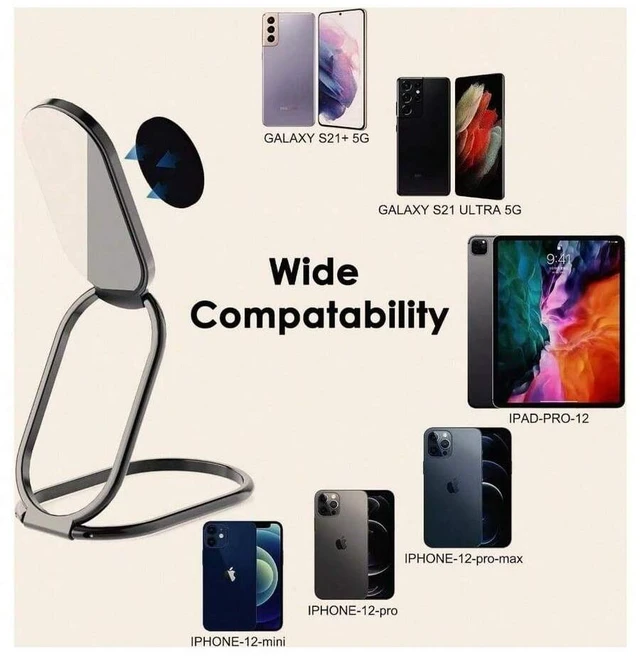 Main image of Bks 360° Rotation Metal Phone Ring Holder Finger Kickstand Grip for Magnetic Car Mount Foldable Stand Compatible with iPhone Android Smartphones