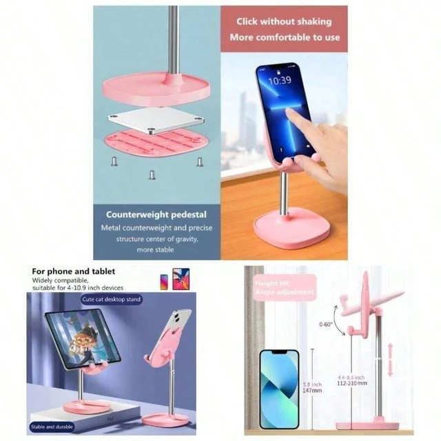 Main image of Bks Cute Cat Phone Stand Adjustable Height Desktop Holder for iPhone Android Tablet Strong Load-Bearing Pink