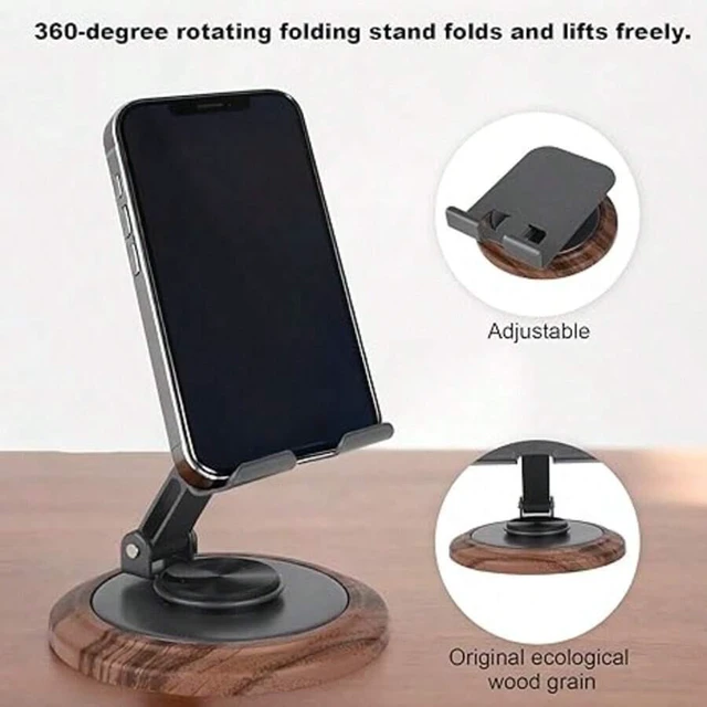 Main image of Bks Wood Phone Holder, 360-Degree Rotating Adjustable Desktop Stand Bracket For Office Kitchen Bathroom Accessories
