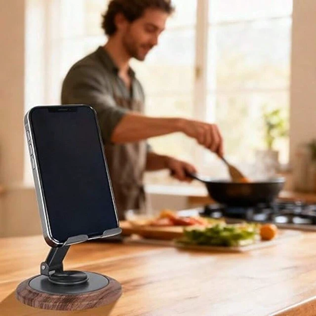 Alt view image 7 of 7 - Bks Wood Phone Holder, 360-Degree Rotating Adjustable Desktop Stand Bracket For Office Kitchen Bathroom Accessories
