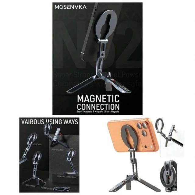 Main image of Bks Magnetic Phone Stand Ultra Portable Aluminum 3-Leg Holder with Strong Magnets Arca-1/4 Inch Screw Hole Foldable Hook Compatible With iPhone Android