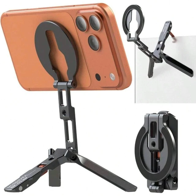 Alt view image 2 of 7 - Bks Magnetic Phone Stand Ultra Portable Aluminum 3-Leg Holder with Strong Magnets Arca-1/4 Inch Screw Hole Foldable Hook Compatible With iPhone Android