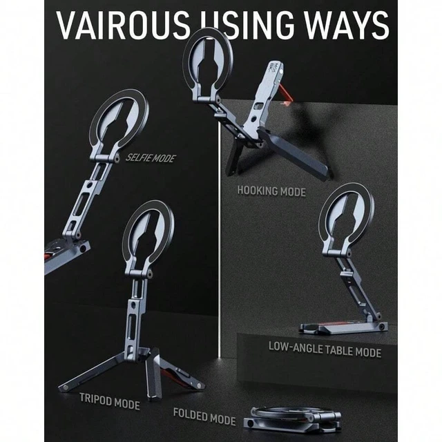 Alt view image 4 of 7 - Bks Magnetic Phone Stand Ultra Portable Aluminum 3-Leg Holder with Strong Magnets Arca-1/4 Inch Screw Hole Foldable Hook Compatible With iPhone Android