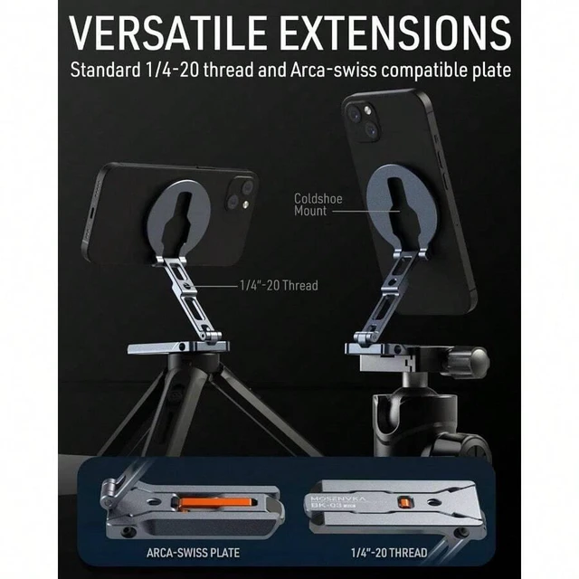 Alt view image 5 of 7 - Bks Magnetic Phone Stand Ultra Portable Aluminum 3-Leg Holder with Strong Magnets Arca-1/4 Inch Screw Hole Foldable Hook Compatible With iPhone Android