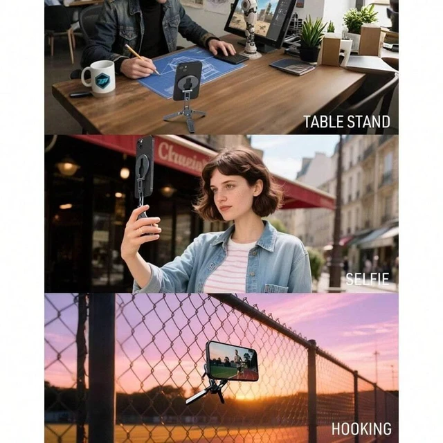 Alt view image 6 of 7 - Bks Magnetic Phone Stand Ultra Portable Aluminum 3-Leg Holder with Strong Magnets Arca-1/4 Inch Screw Hole Foldable Hook Compatible With iPhone Android