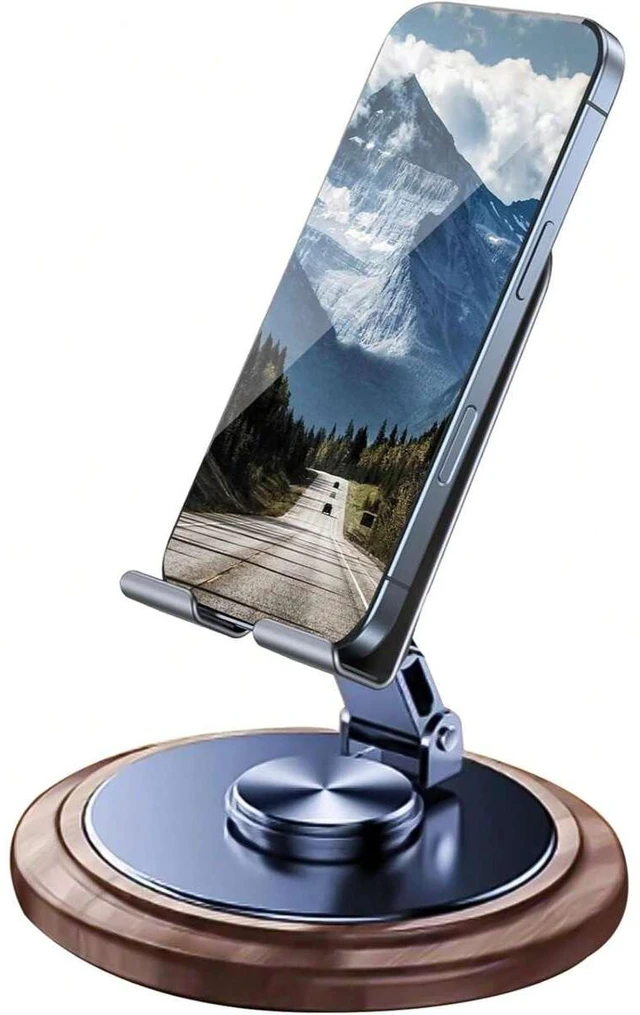 Main image of Bks Adjustable Cell Phone Stand, 360 Rotating Foldable Desktop Holder With Anti-Slip Base For iPhone 16 15 14 13 Pro Max All Smartphones Wood