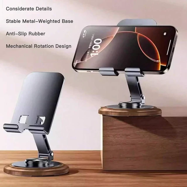 Alt view image 4 of 6 - Bks Adjustable Cell Phone Stand, 360 Rotating Foldable Desktop Holder With Anti-Slip Base For iPhone 16 15 14 13 Pro Max All Smartphones Wood