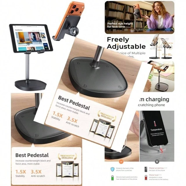 Alt view image 2 of 7 - Bks Adjustable Phone Stand For Desk 4-10 Inch Tablet Holder Ergonomic Angle Height Fit Box Case Office Gaming Video Recording