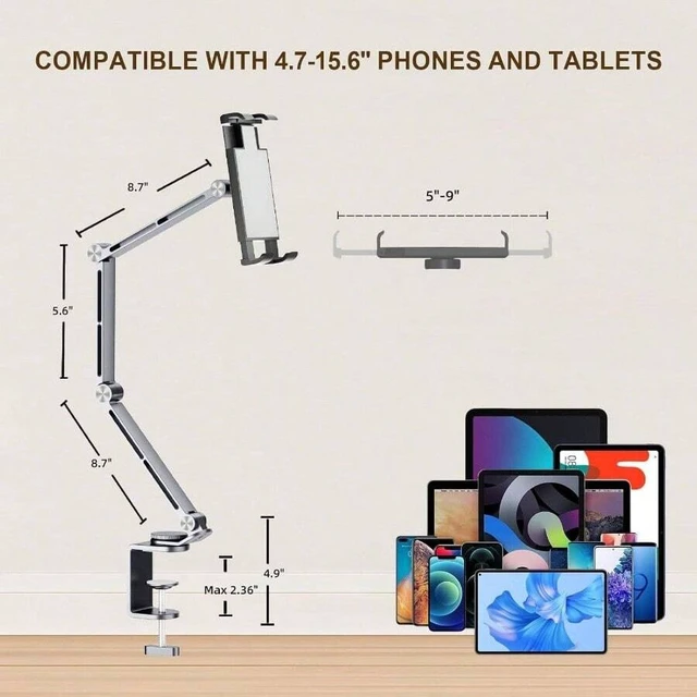 Alt view image 5 of 7 - Bks Aluminum Alloy Tablet Stand Holder Adjustable Foldable Desk Mount with 360 Rotate Base for 4 to 15.6 Inch Screen Devices