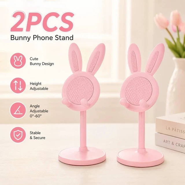 Main image of Bks Bunny Phone Stand Set, 2pcs Cute Rabbit Design Adjustable Desktop Holder Foldable Mobile Stand for Video Calls Live Streaming Online Classes Desk Dorm Bedroom Office Travel