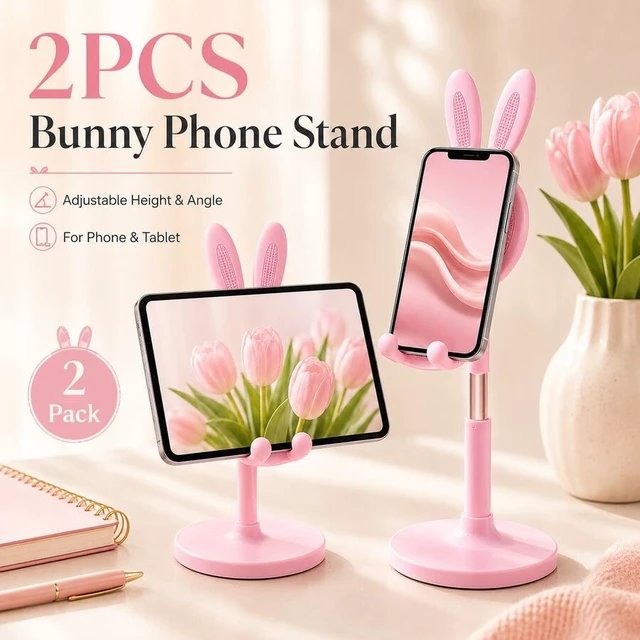 Alt view image 2 of 7 - Bks Bunny Phone Stand Set, 2pcs Cute Rabbit Design Adjustable Desktop Holder Foldable Mobile Stand for Video Calls Live Streaming Online Classes Desk Dorm Bedroom Office Travel