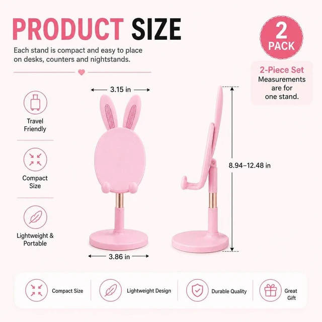 Alt view image 3 of 7 - Bks Bunny Phone Stand Set, 2pcs Cute Rabbit Design Adjustable Desktop Holder Foldable Mobile Stand for Video Calls Live Streaming Online Classes Desk Dorm Bedroom Office Travel