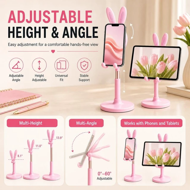 Alt view image 4 of 7 - Bks Bunny Phone Stand Set, 2pcs Cute Rabbit Design Adjustable Desktop Holder Foldable Mobile Stand for Video Calls Live Streaming Online Classes Desk Dorm Bedroom Office Travel