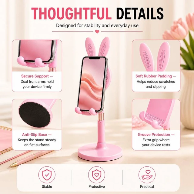 Alt view image 5 of 7 - Bks Bunny Phone Stand Set, 2pcs Cute Rabbit Design Adjustable Desktop Holder Foldable Mobile Stand for Video Calls Live Streaming Online Classes Desk Dorm Bedroom Office Travel