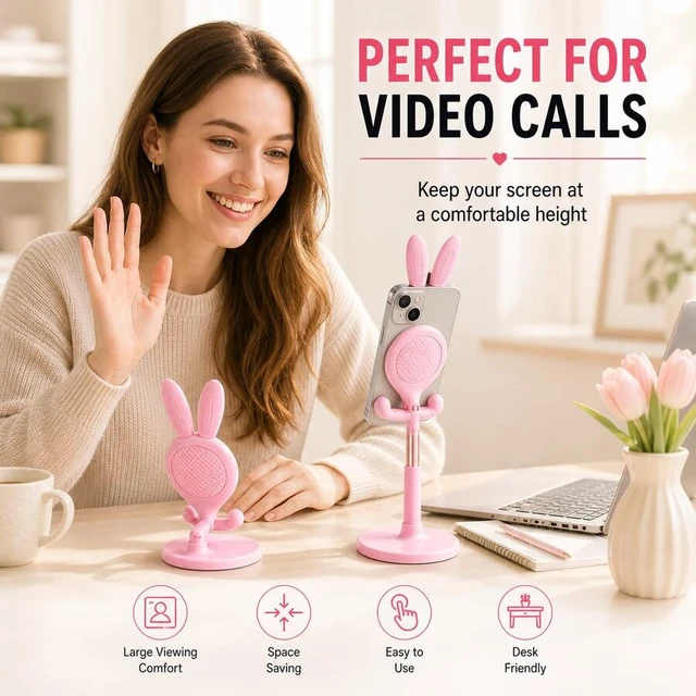 Alt view image 6 of 7 - Bks Bunny Phone Stand Set, 2pcs Cute Rabbit Design Adjustable Desktop Holder Foldable Mobile Stand for Video Calls Live Streaming Online Classes Desk Dorm Bedroom Office Travel