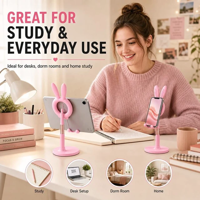 Alt view image 7 of 7 - Bks Bunny Phone Stand Set, 2pcs Cute Rabbit Design Adjustable Desktop Holder Foldable Mobile Stand for Video Calls Live Streaming Online Classes Desk Dorm Bedroom Office Travel