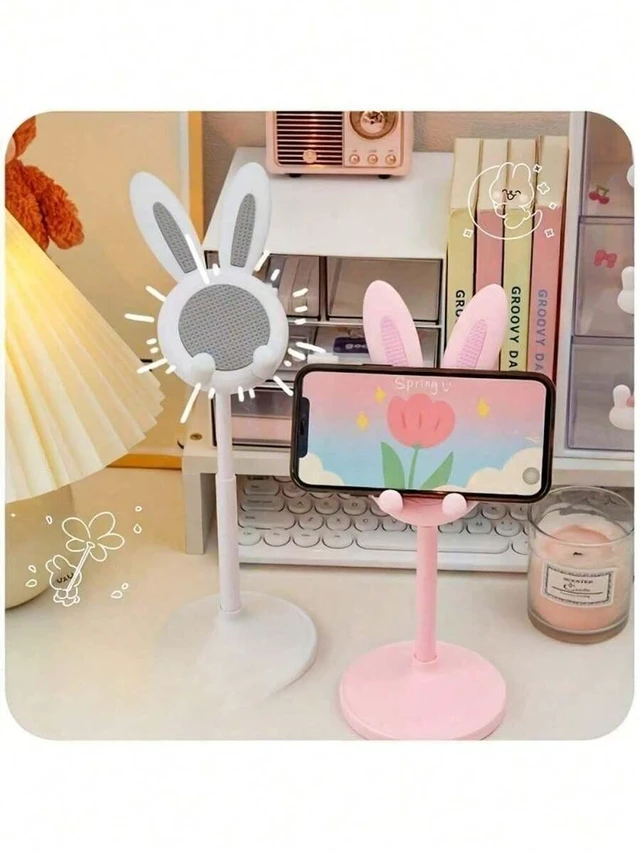 Alt view image 4 of 7 - Bks Adjustable Height Cartoon Rabbit Phone Stand, Waterproof Silicone Desktop Mount for iPhone Android, 360 Rotating Strong Load Bearing Home Office Gift