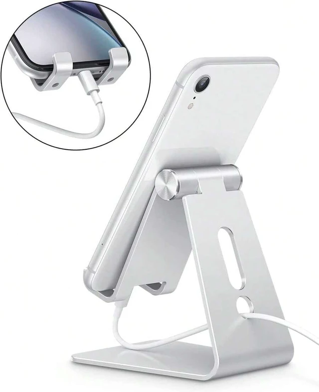 Alt view image 2 of 4 - Bks Adjustable Cell Phone Stand, Aluminum Desktop Holder With Anti-Slip Base And Charging Port, Fits All Smartphones, Silver