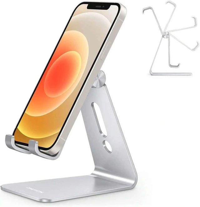 Main image of Bks Adjustable Cell Phone Stand, Aluminum Desktop Holder With Anti-Slip Base And Charging Port, Fits All Smartphones, Silver