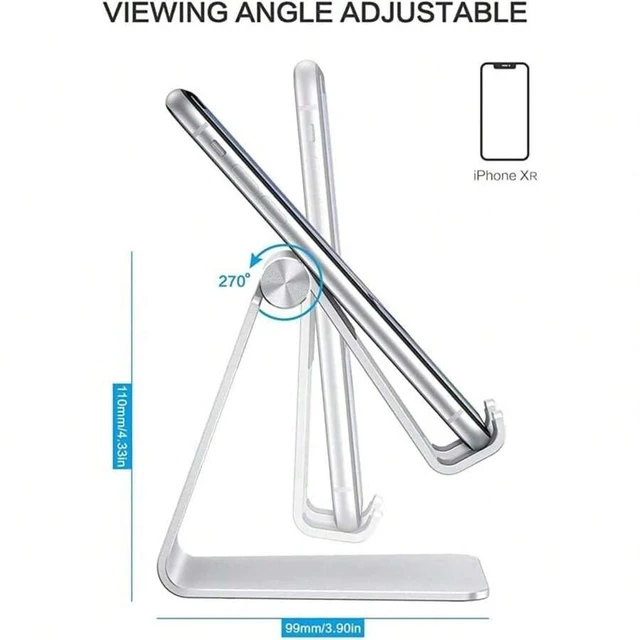 Alt view image 4 of 4 - Bks Adjustable Cell Phone Stand, Aluminum Desktop Holder With Anti-Slip Base And Charging Port, Fits All Smartphones, Silver