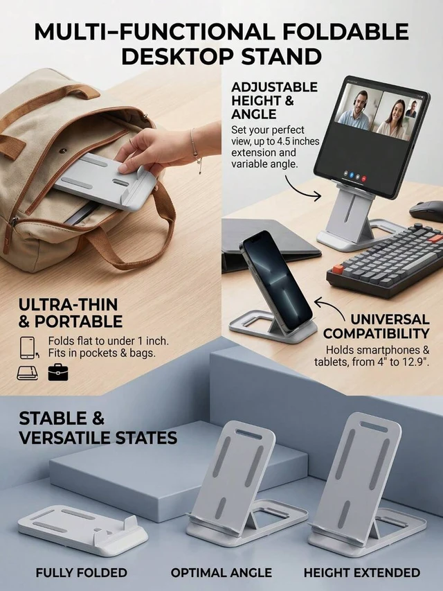 Alt view image 2 of 6 - Bks Adjustable Mini Foldable Phone Stand, Ultra-Thin Portable Desktop Holder With Stable Base, Extendable Compact Design For Smartphones And Tablets