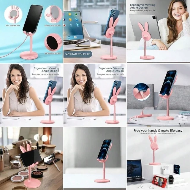 Alt view image 3 of 7 - Bks Cute Red Rabbit Desktop Phone Stand Adjustable Height Angle Non-Slip Holder For Smartphones Tablets Aesthetic Room Decor