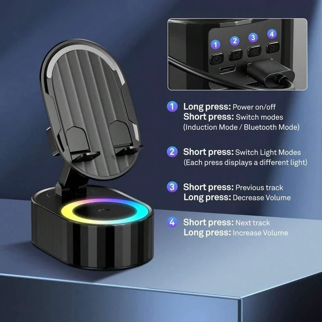 Alt view image 6 of 7 - Bks 5-in-1 Cell Phone Stand With Induction Charging Bluetooth Speaker Colorful Ambient Light Power Bank 3000mAh Non-Slip Base