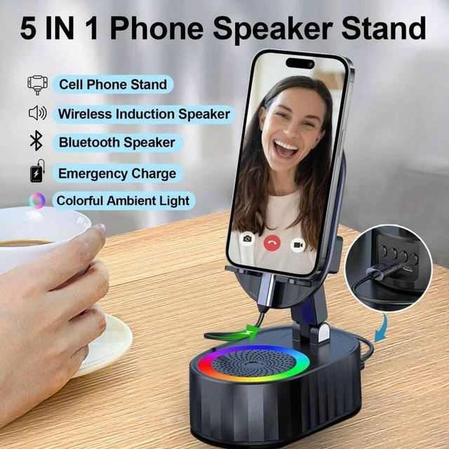 Alt view image 5 of 7 - Bks 5-in-1 Cell Phone Stand With Induction Charging Bluetooth Speaker Colorful Ambient Light Power Bank 3000mAh Non-Slip Base