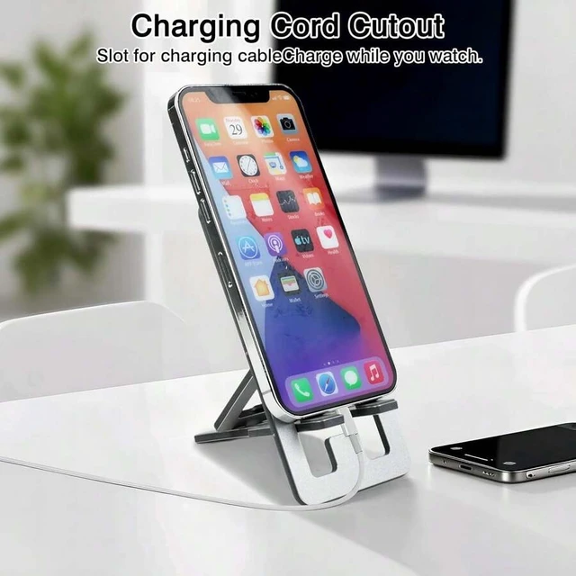 Alt view image 3 of 4 - Bks Foldable Aluminum Phone Stand Adjustable Desk Holder For Travel & Office Compatible With iPhone 16-13 Pro Max S24-S8 Kindle Gray