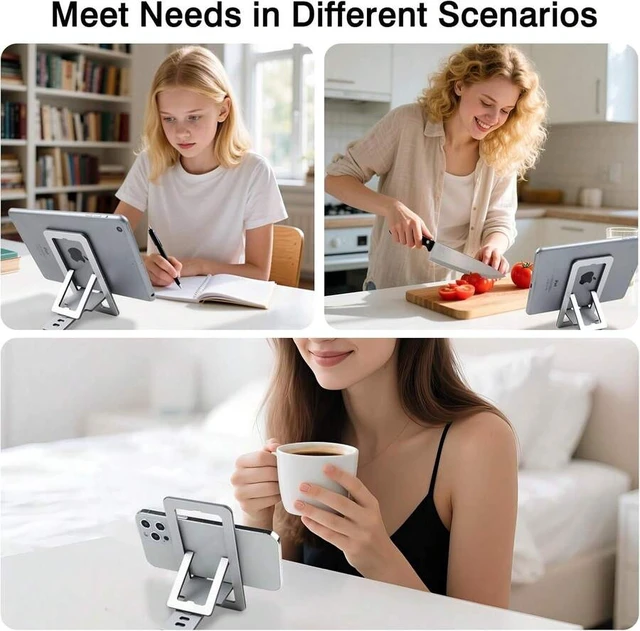 Alt view image 4 of 4 - Bks Foldable Aluminum Phone Stand Adjustable Desk Holder For Travel & Office Compatible With iPhone 16-13 Pro Max S24-S8 Kindle Gray