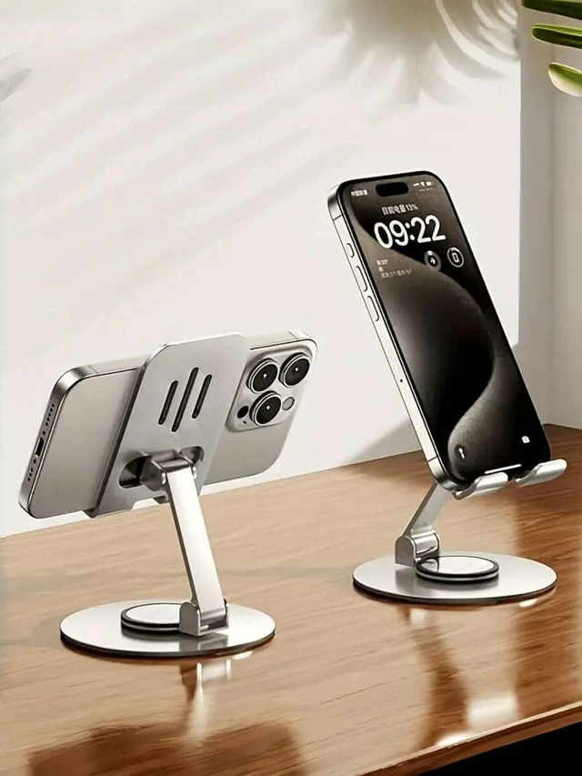 Alt view image 5 of 7 - Bks Aluminum Alloy Phone Stand, 360° Rotatable, Adjustable Foldable, Non-Slip Base, Desktop & Bedside Holder for Live Streaming