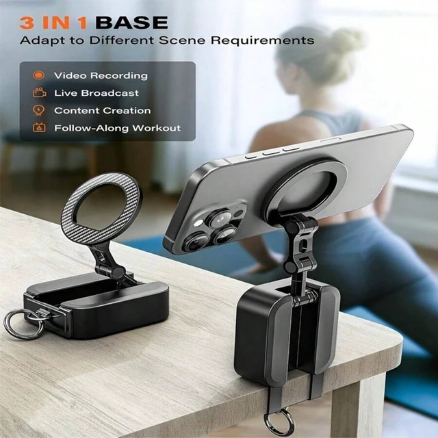 Alt view image 2 of 7 - Bks 3-In-1 Magnetic Phone Holder for Gym, 20X N52 Magnets, Adjustable Foldable Stand with Tray Clip, ABS Construction, Compatible with iPhone 17 Pro Max and Modern Phones
