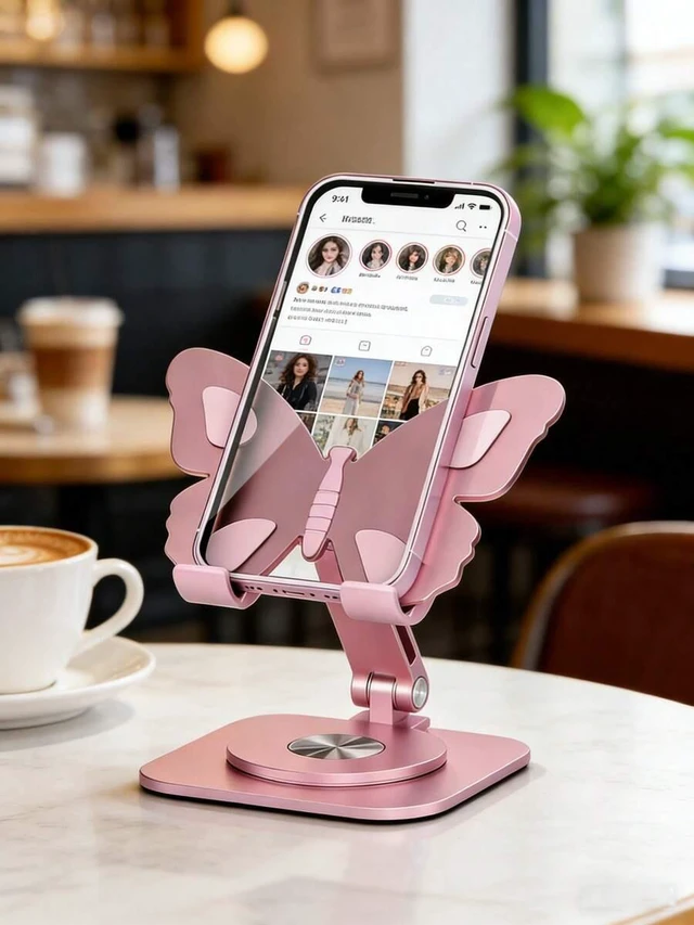 Main image of Bks Butterfly Aluminum Alloy Phone Stand, 360 Adjustable Foldable Desktop Holder - Universal Portable Compatible With iPhone Smartphones Tablets Decorative Home Office Desk Accessory